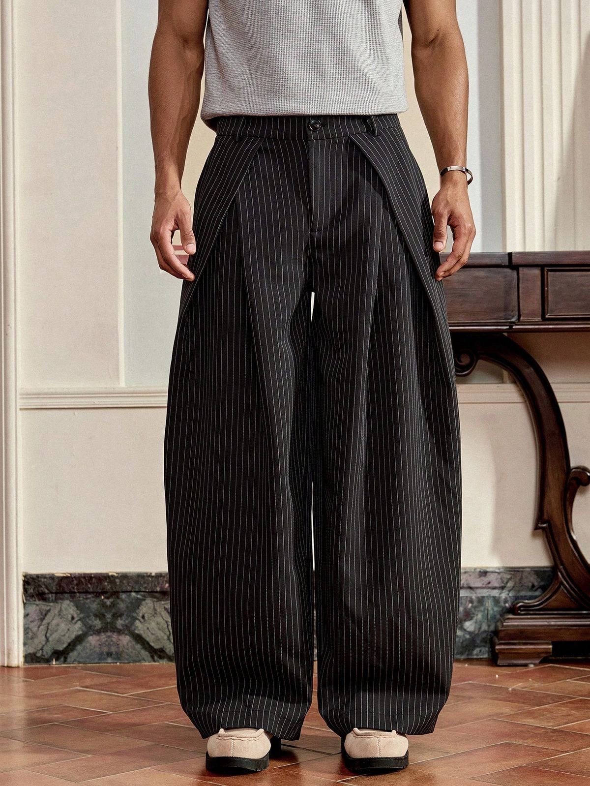 Pinstripe double pleat pants