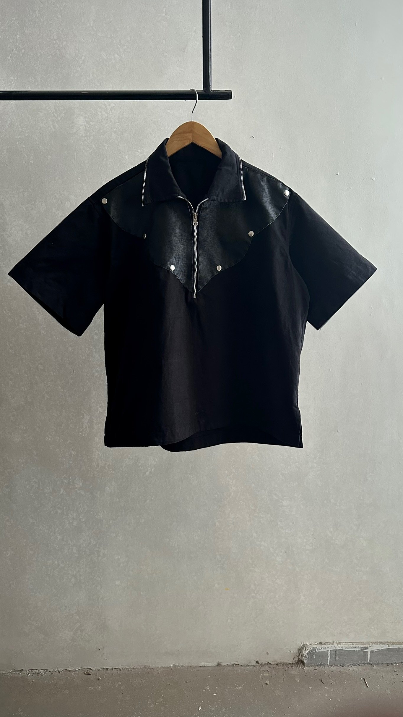 Henley PU leather zipper shirt